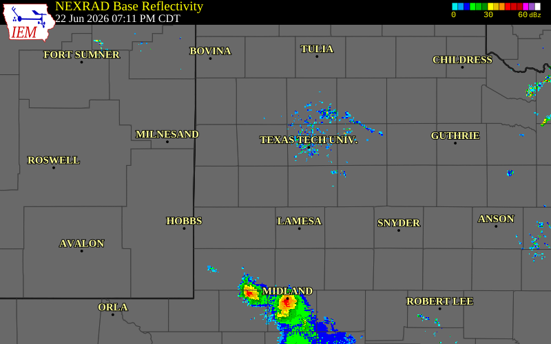 Radar snapshot during the Jun 22, 2026 hail event near Meadow, Terry County, Texas, with NWS warning polygons