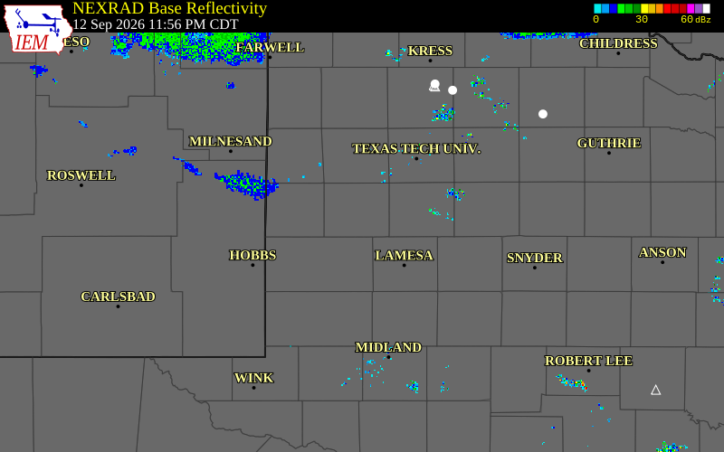 Current NEXRAD radar over Terry County, Texas with recent storm report locations