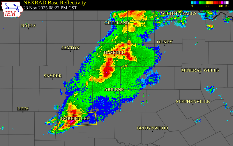 NEXRAD radar during the Sunday, November 23, 2025 storm activity in Throckmorton County, Texas