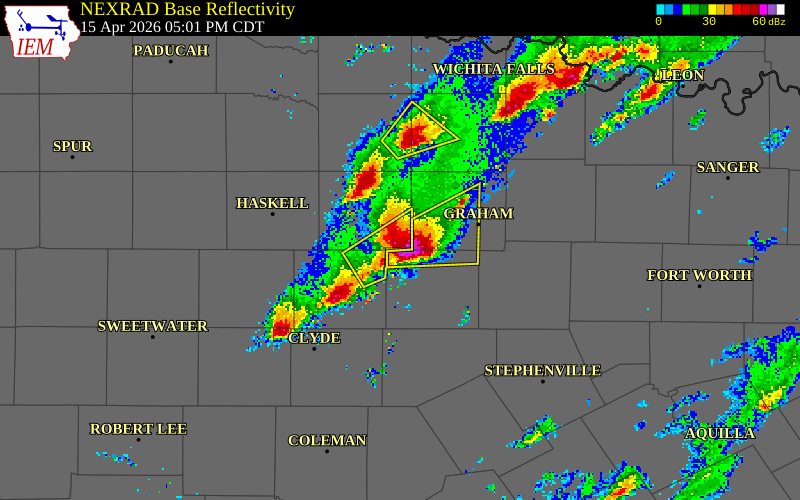 NEXRAD radar during the Wednesday, April 15, 2026 storm activity in Throckmorton County, Texas