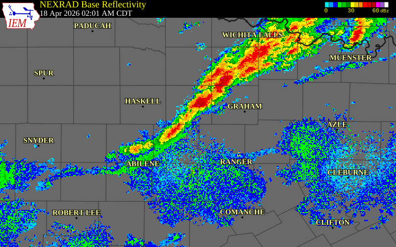 NEXRAD radar during the Saturday, April 18, 2026 storm activity in Throckmorton County, Texas