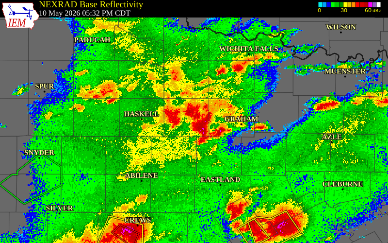 NEXRAD radar during the Sunday, May 10, 2026 storm activity in Throckmorton County, Texas
