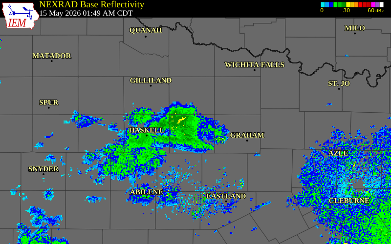 NEXRAD radar during the Friday, May 15, 2026 storm activity in Throckmorton County, Texas