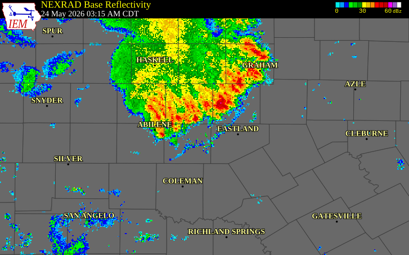 NEXRAD radar during the Sunday, May 24, 2026 storm activity in Throckmorton County, Texas
