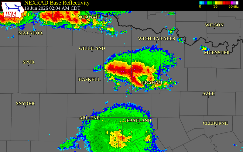 NEXRAD radar during the Friday, June 19, 2026 storm activity in Throckmorton County, Texas