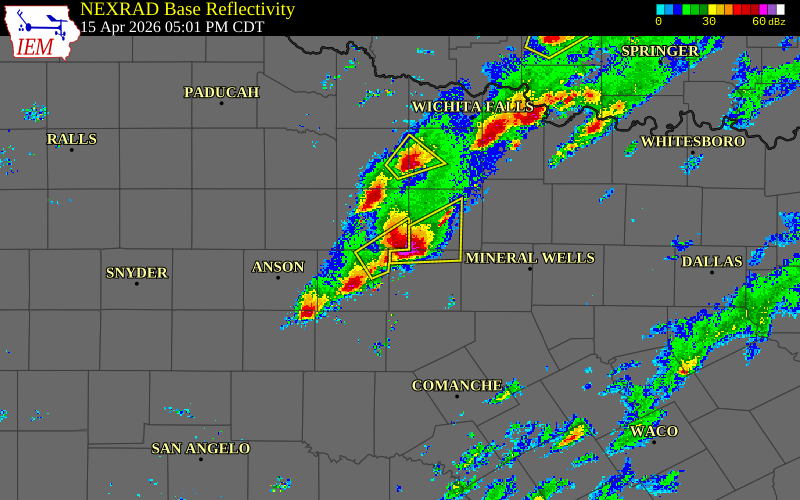 Radar snapshot during the Apr 15, 2026 hail event near 4 SSE Woodson, Throckmorton County, Texas, with NWS warning polygons