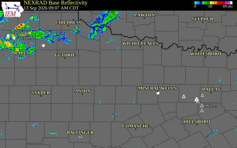 Current NEXRAD radar over Throckmorton County, Texas with recent storm report locations