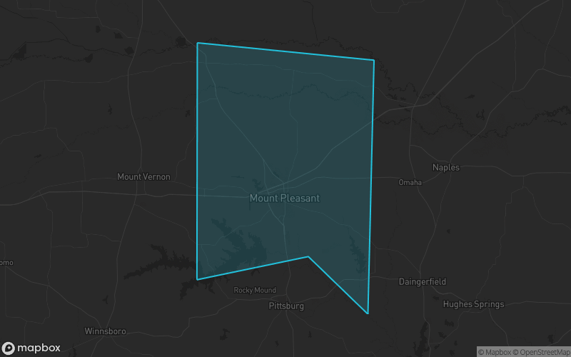 Map of Titus County, Texas showing the county boundary and surrounding cities