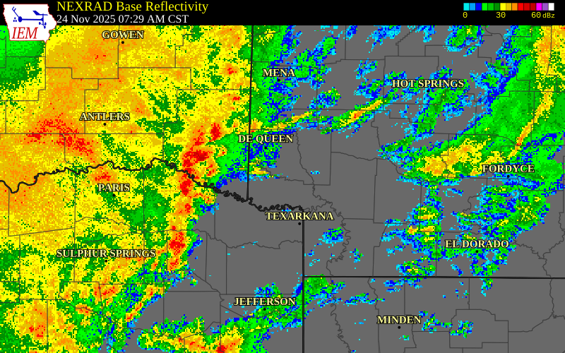 NEXRAD radar during the Monday, November 24, 2025 storm activity in Titus County, Texas