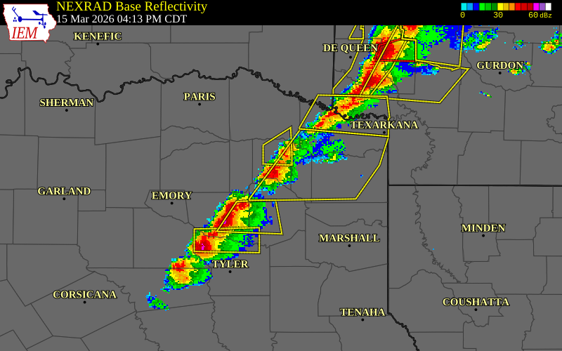 NEXRAD radar during the Sunday, March 15, 2026 storm activity in Titus County, Texas