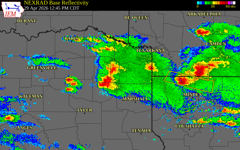 NEXRAD radar during the Wednesday, April 29, 2026 storm activity in Titus County, Texas