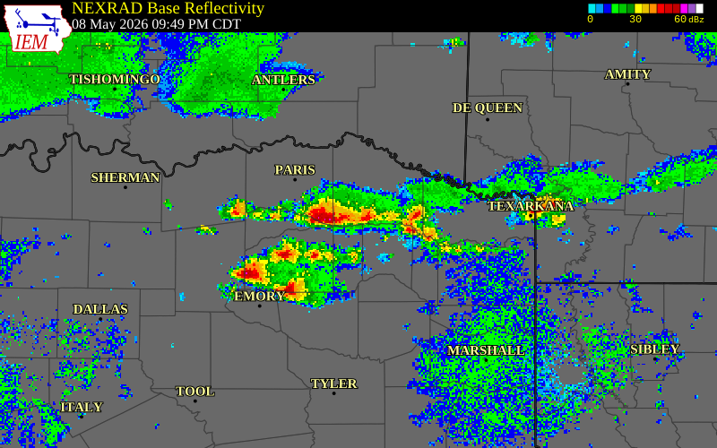NEXRAD radar during the Friday, May 8, 2026 storm activity in Titus County, Texas