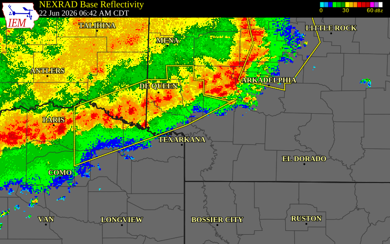 NEXRAD radar during the Monday, June 22, 2026 storm activity in Titus County, Texas