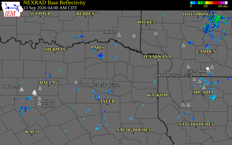 Current NEXRAD radar over Titus County, Texas with recent storm report locations