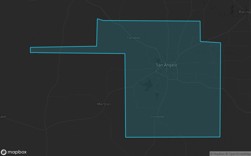 Map of Tom Green County, Texas showing the county boundary and surrounding cities