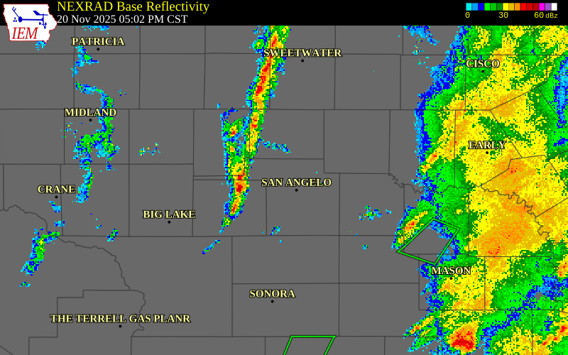 NEXRAD radar during the Thursday, November 20, 2025 storm activity in Tom Green County, Texas