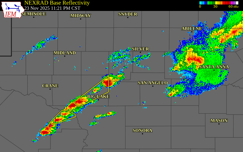 NEXRAD radar during the Sunday, November 23, 2025 storm activity in Tom Green County, Texas