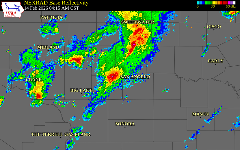 NEXRAD radar during the Saturday, February 14, 2026 storm activity in Tom Green County, Texas
