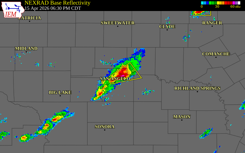 NEXRAD radar during the Wednesday, April 15, 2026 storm activity in Tom Green County, Texas