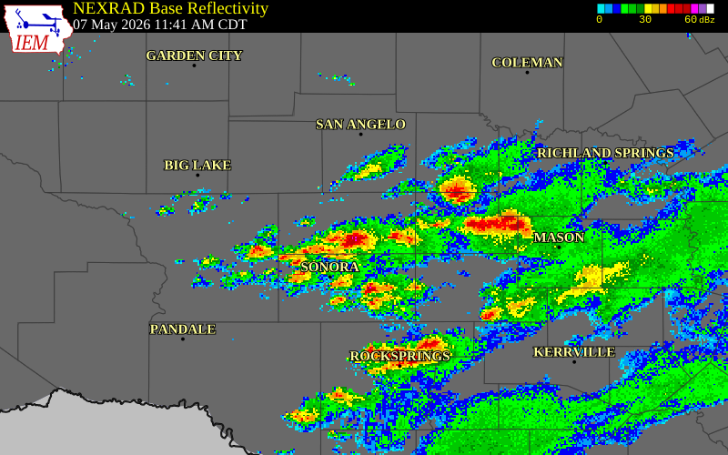 NEXRAD radar during the Thursday, May 7, 2026 storm activity in Tom Green County, Texas