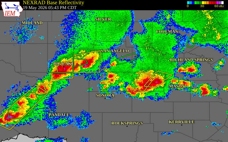 NEXRAD radar during the Tuesday, May 19, 2026 storm activity in Tom Green County, Texas