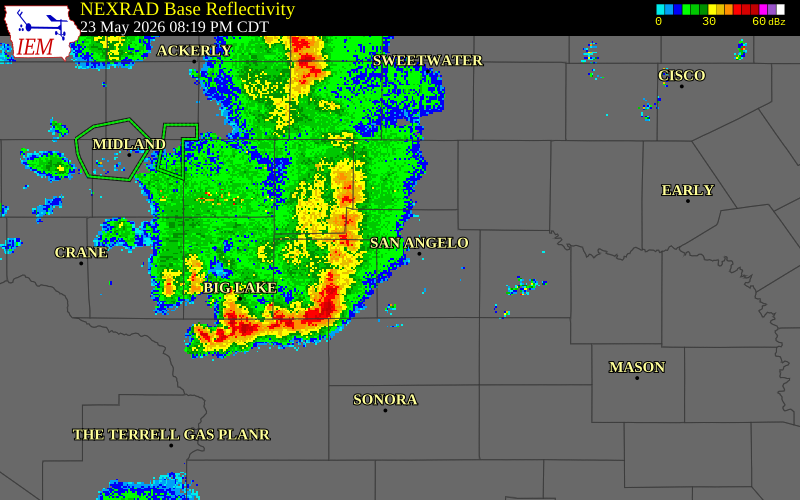 NEXRAD radar during the Saturday, May 23, 2026 storm activity in Tom Green County, Texas