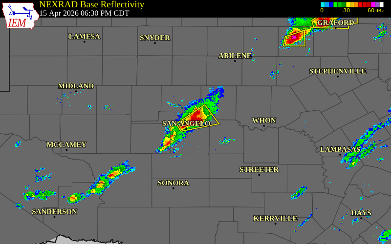Radar snapshot during the Apr 15, 2026 hail event near Harriet, Tom Green County, Texas, with NWS warning polygons