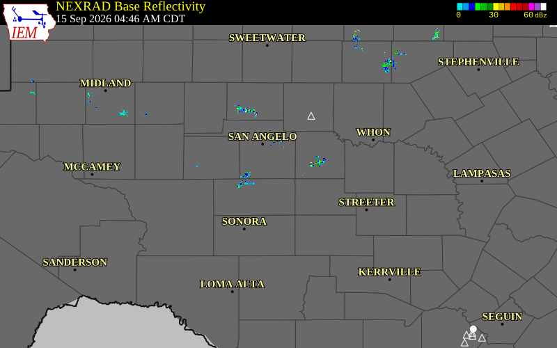 Current NEXRAD radar over Tom Green County, Texas with recent storm report locations