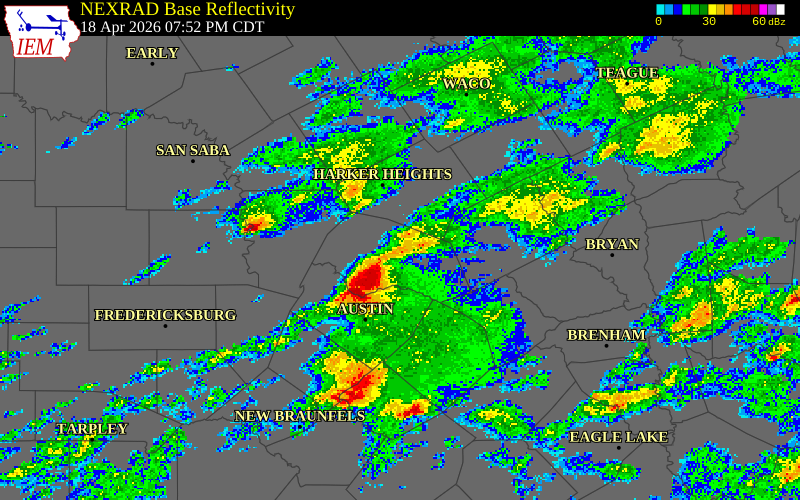 NEXRAD radar during the Saturday, April 18, 2026 storm activity in Travis County, Texas
