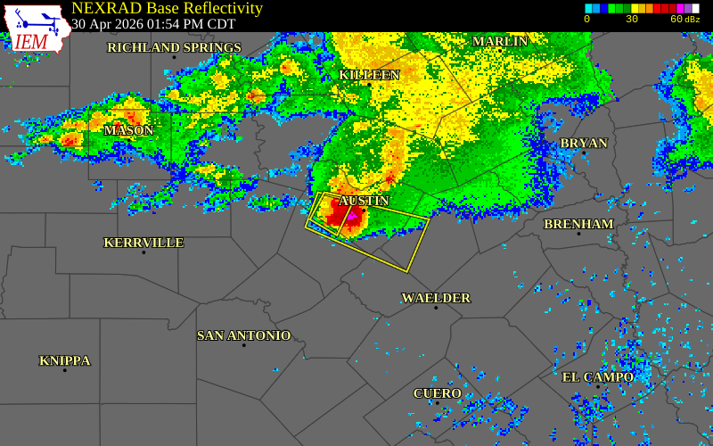 NEXRAD radar during the Thursday, April 30, 2026 storm activity in Travis County, Texas