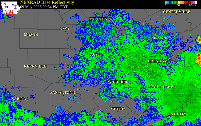 NEXRAD radar during the Saturday, May 9, 2026 storm activity in Travis County, Texas