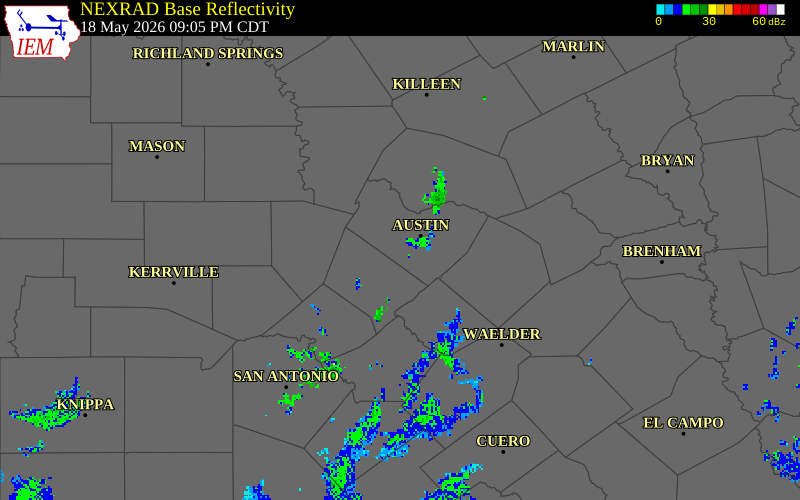 NEXRAD radar during the Monday, May 18, 2026 storm activity in Travis County, Texas
