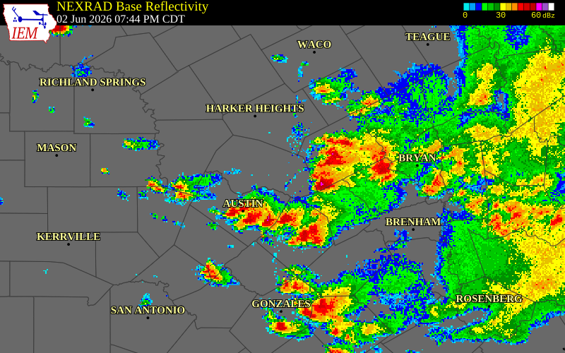 NEXRAD radar during the Tuesday, June 2, 2026 storm activity in Travis County, Texas