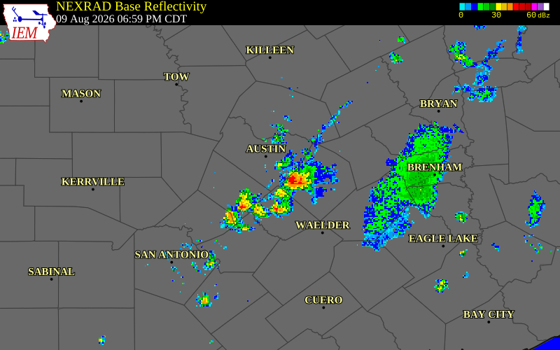 NEXRAD radar during the Sunday, August 9, 2026 storm activity in Travis County, Texas