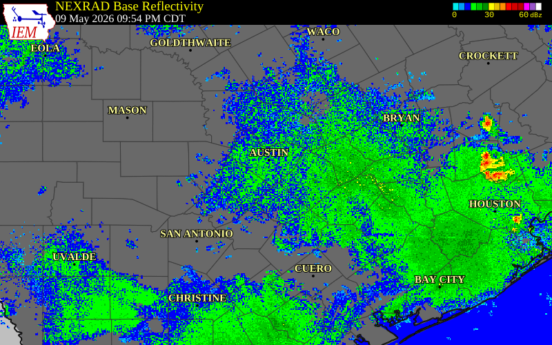 Radar snapshot during the May 9, 2026 wind event near 2 SW Bergstrom Internat, Travis County, Texas, with NWS warning polygons