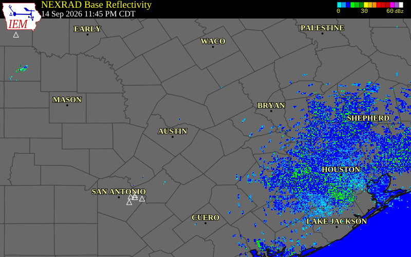 Current NEXRAD radar over Travis County, Texas with recent storm report locations