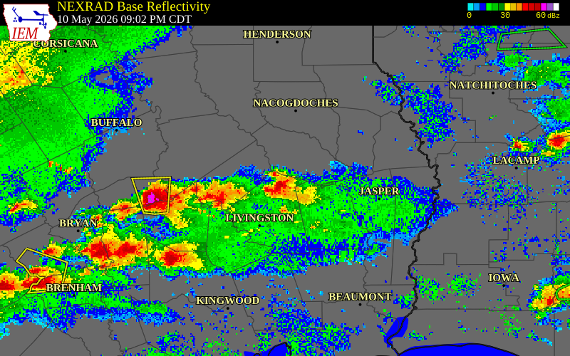 NEXRAD radar during the Sunday, May 10, 2026 storm activity in Trinity County, Texas