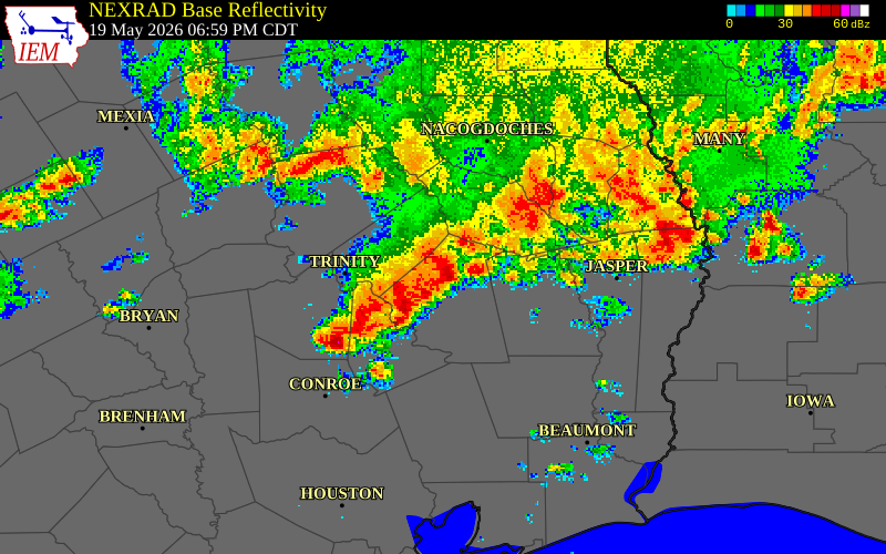 NEXRAD radar during the Tuesday, May 19, 2026 storm activity in Trinity County, Texas