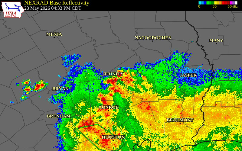 NEXRAD radar during the Saturday, May 23, 2026 storm activity in Trinity County, Texas