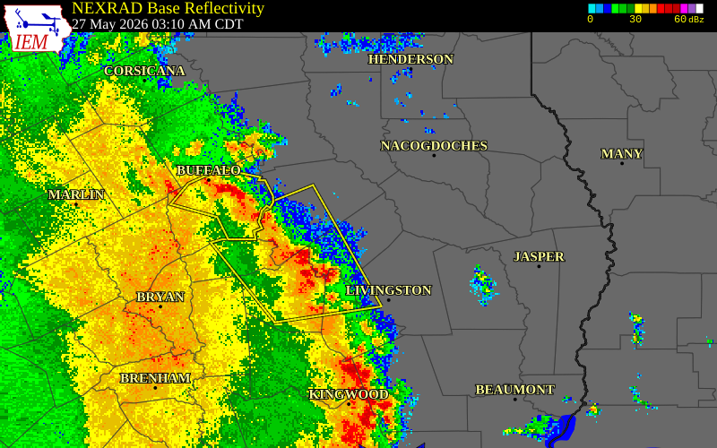 NEXRAD radar during the Wednesday, May 27, 2026 storm activity in Trinity County, Texas