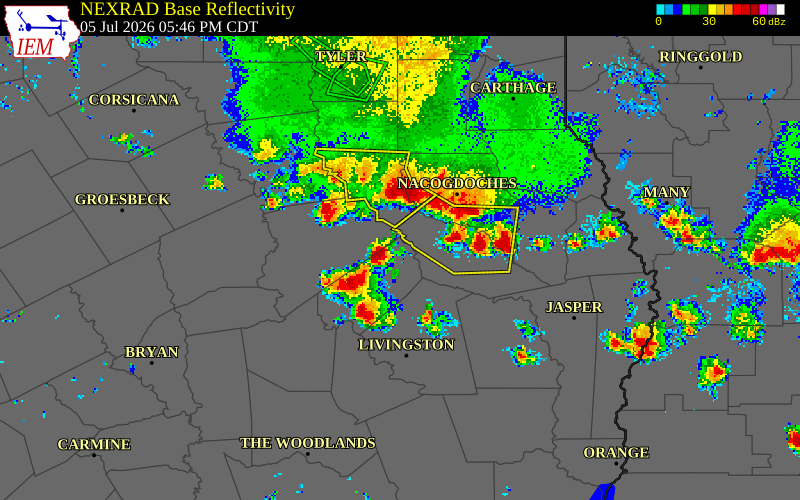 NEXRAD radar during the Sunday, July 5, 2026 storm activity in Trinity County, Texas
