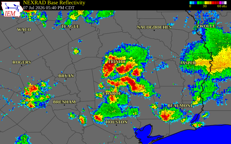 NEXRAD radar during the Tuesday, July 7, 2026 storm activity in Trinity County, Texas