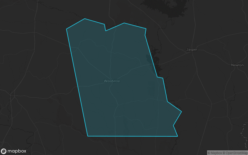 Map of Tyler County, Texas showing the county boundary and surrounding cities
