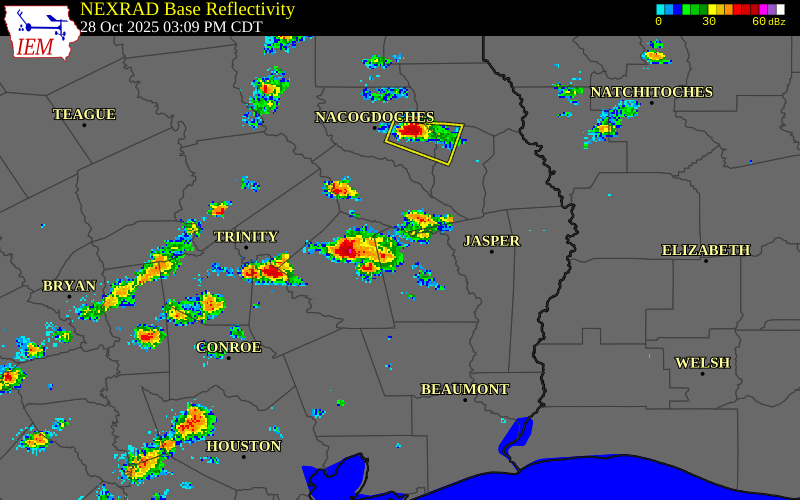 NEXRAD radar during the Tuesday, October 28, 2025 storm activity in Tyler County, Texas