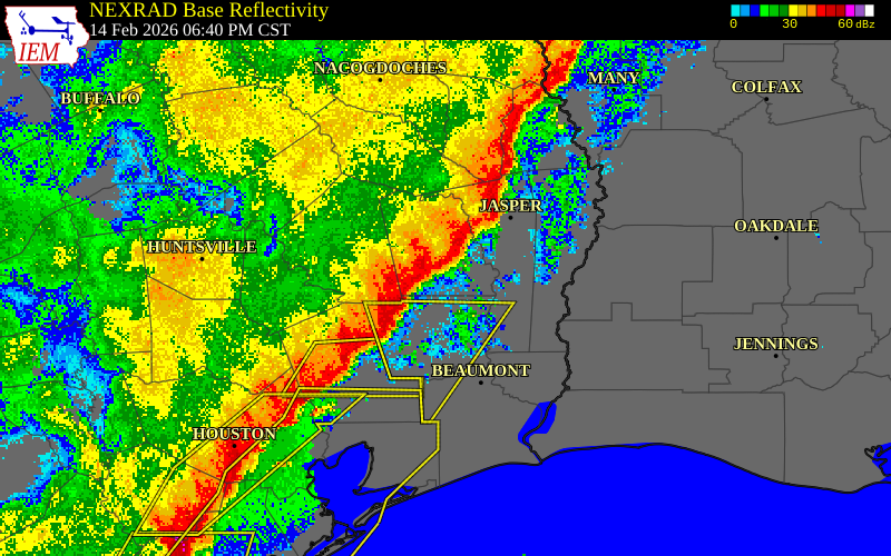 NEXRAD radar during the Saturday, February 14, 2026 storm activity in Tyler County, Texas