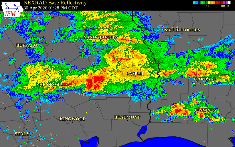 NEXRAD radar during the Thursday, April 30, 2026 storm activity in Tyler County, Texas