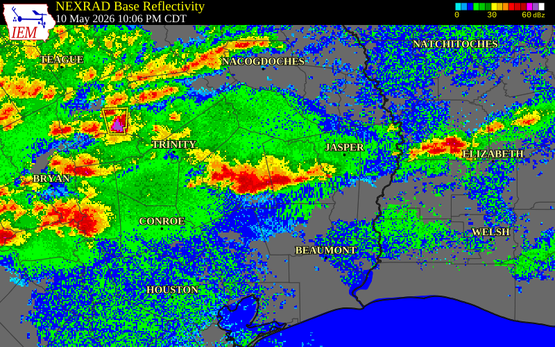 NEXRAD radar during the Sunday, May 10, 2026 storm activity in Tyler County, Texas