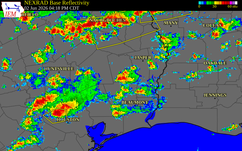 NEXRAD radar during the Tuesday, June 2, 2026 storm activity in Tyler County, Texas