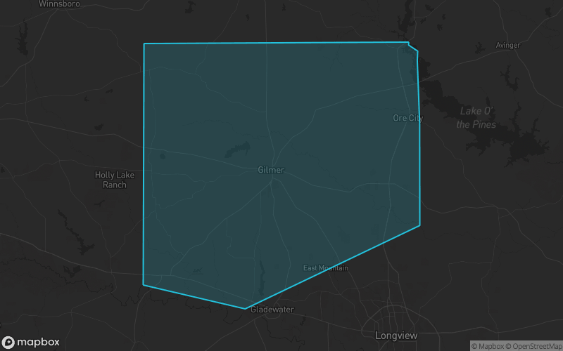 Map of Upshur County, Texas showing the county boundary and surrounding cities