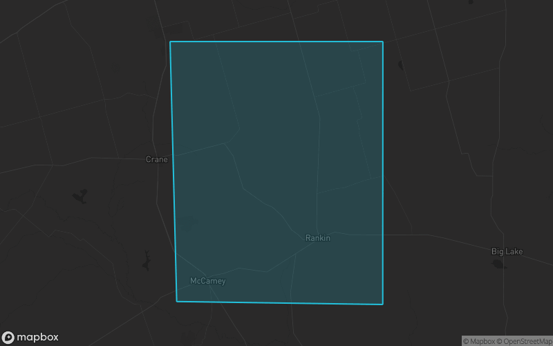 Map of Upton County, Texas showing the county boundary and surrounding cities